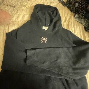Navy Blue Knit Hoodie with Bow Detail